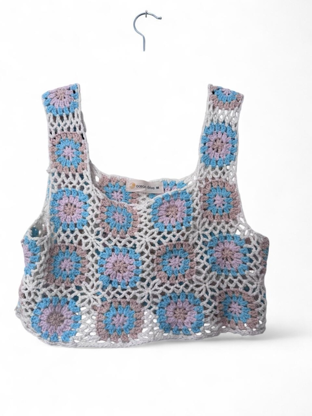 Ocean Drive Crochet Square-Pattern Tote - Blue/Purple/Gray